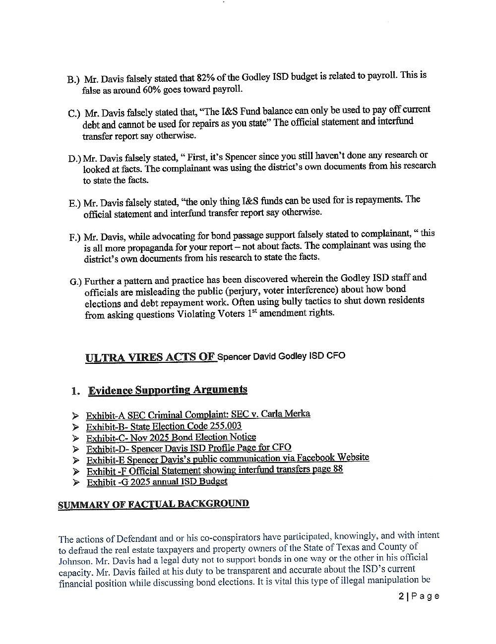 Page two listing the specific statements alleged and the supporting exhibits Page two listing the specific statements alleged and the supporting exhibits