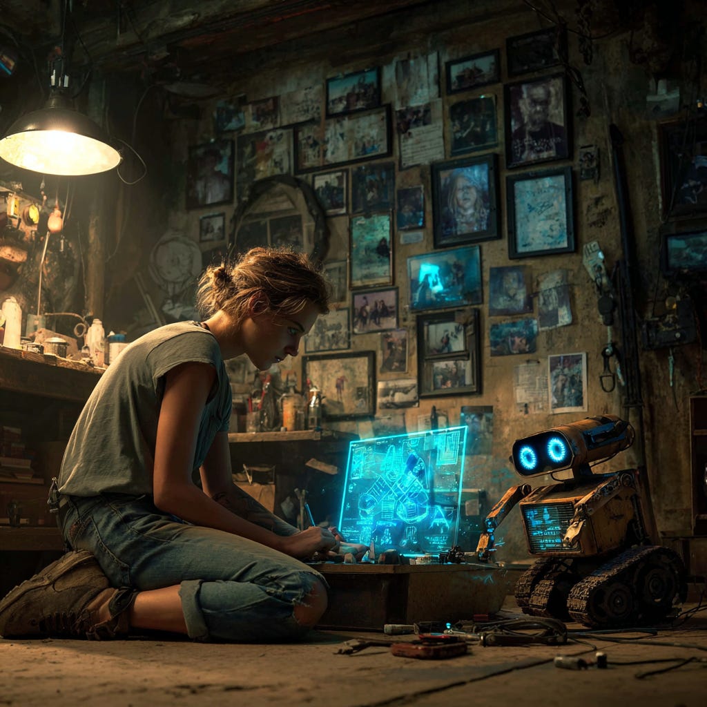 A young woman in casual wear is working in a grubby garage. Next to her is a small, cute robot with an expressive LED face. Together they are building a steampunk holographic interface. The hologram projects images on a wall of family pictures.