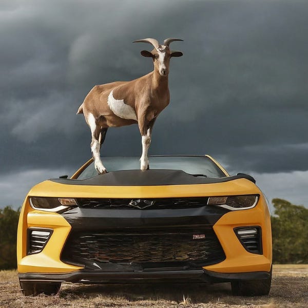 AI image of a brown goat standing on top of a yellow sports car during a stormy day.