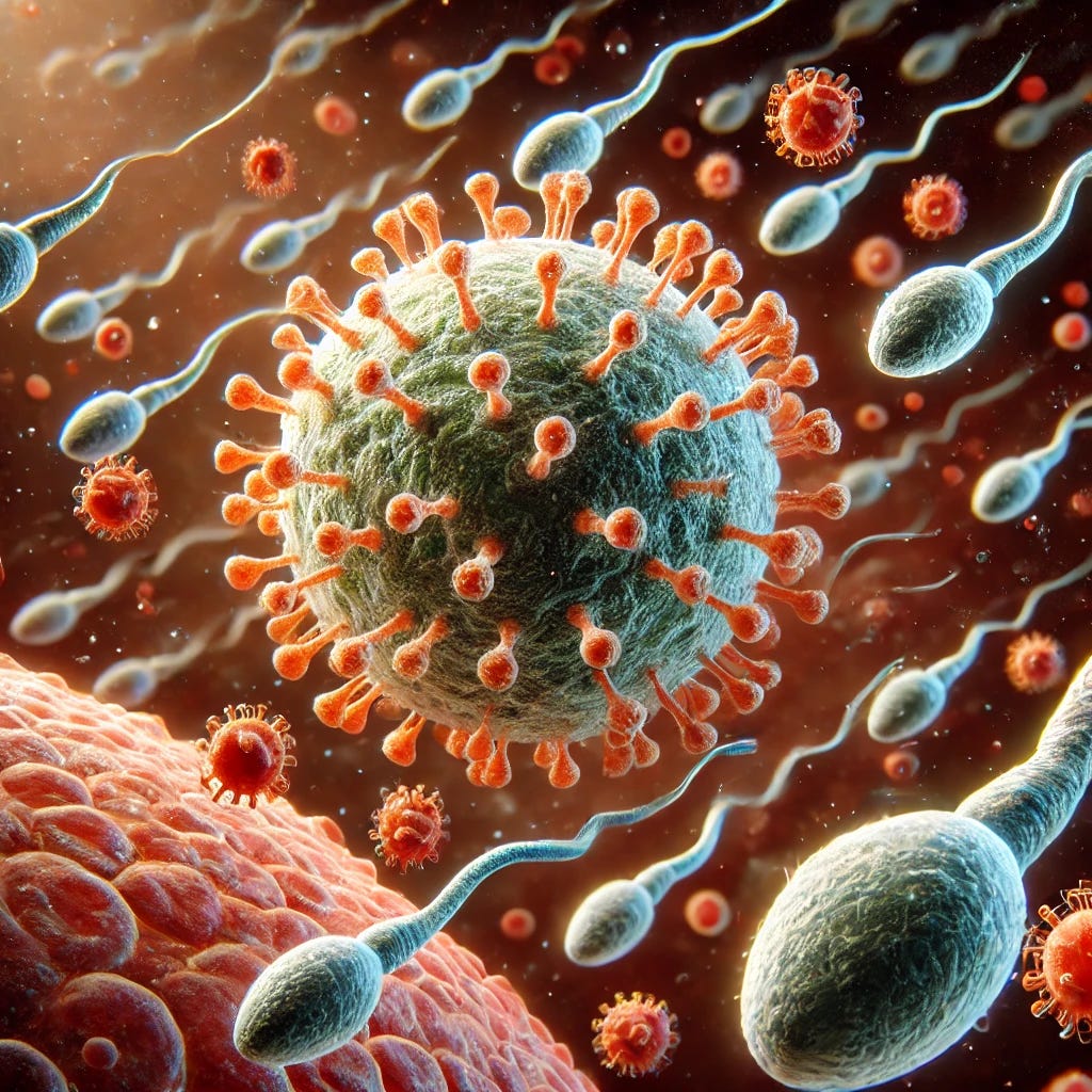 A detailed scientific depiction showing sperm cells interacting with virus particles, symbolizing an immune response. The sperm cells are releasing extracellular traps (ETosis) in a microscopic view, highlighting a battle-like interaction between the sperm and virus. The background should represent a cellular environment, with a focus on biological and scientific accuracy.