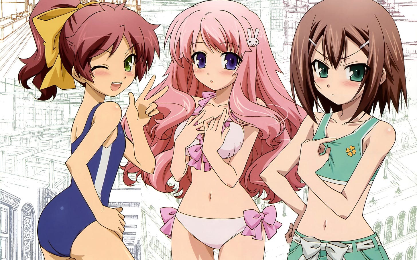 baka to test to shoukanjuu bikini blush himeji mizuki kinoshita hideyoshi  male otoko no ko shimada minami swimsuit wink | konachan.com - Konachan.com  Anime Wallpapers