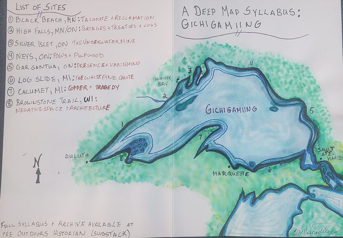 A vibrant, overhead photograph of a hand-drawn and painted watercolor map illustrating the unique geography, historical layers, and shoreline features of the Lake Superior watershed, originally created for a spring community giveaway.