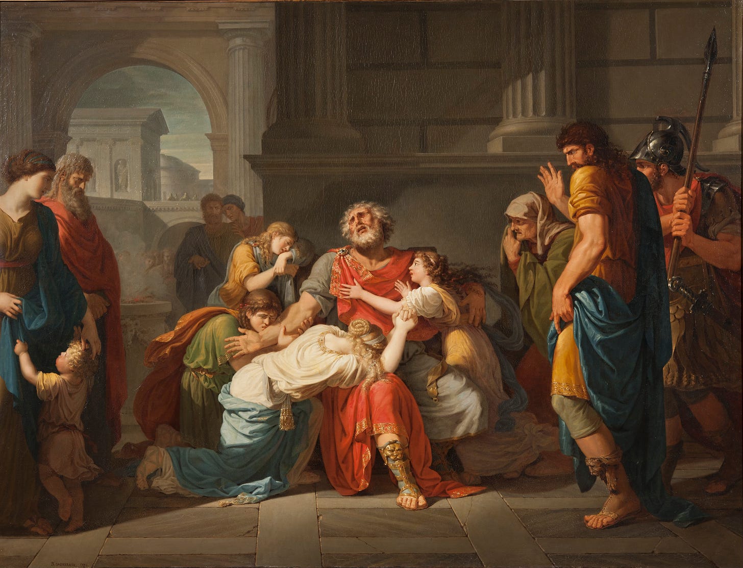 A neoclassical painting depicting the blind Oedipus seated at the center of a palace-like interior, surrounded by grieving children and attendants. His eyes are clouded and uplifted as figures cling to him in sorrow, while guards and onlookers stand nearby in shadow. The scene conveys grief, blindness, exile, and the tragic aftermath of revelation. A neoclassical painting depicting the blind Oedipus seated at the center of a palace-like interior, surrounded by grieving children and attendants. His eyes are clouded and uplifted as figures cling to him in sorrow, while guards and onlookers stand nearby in shadow. The scene conveys grief, blindness, exile, and the tragic aftermath of revelation.