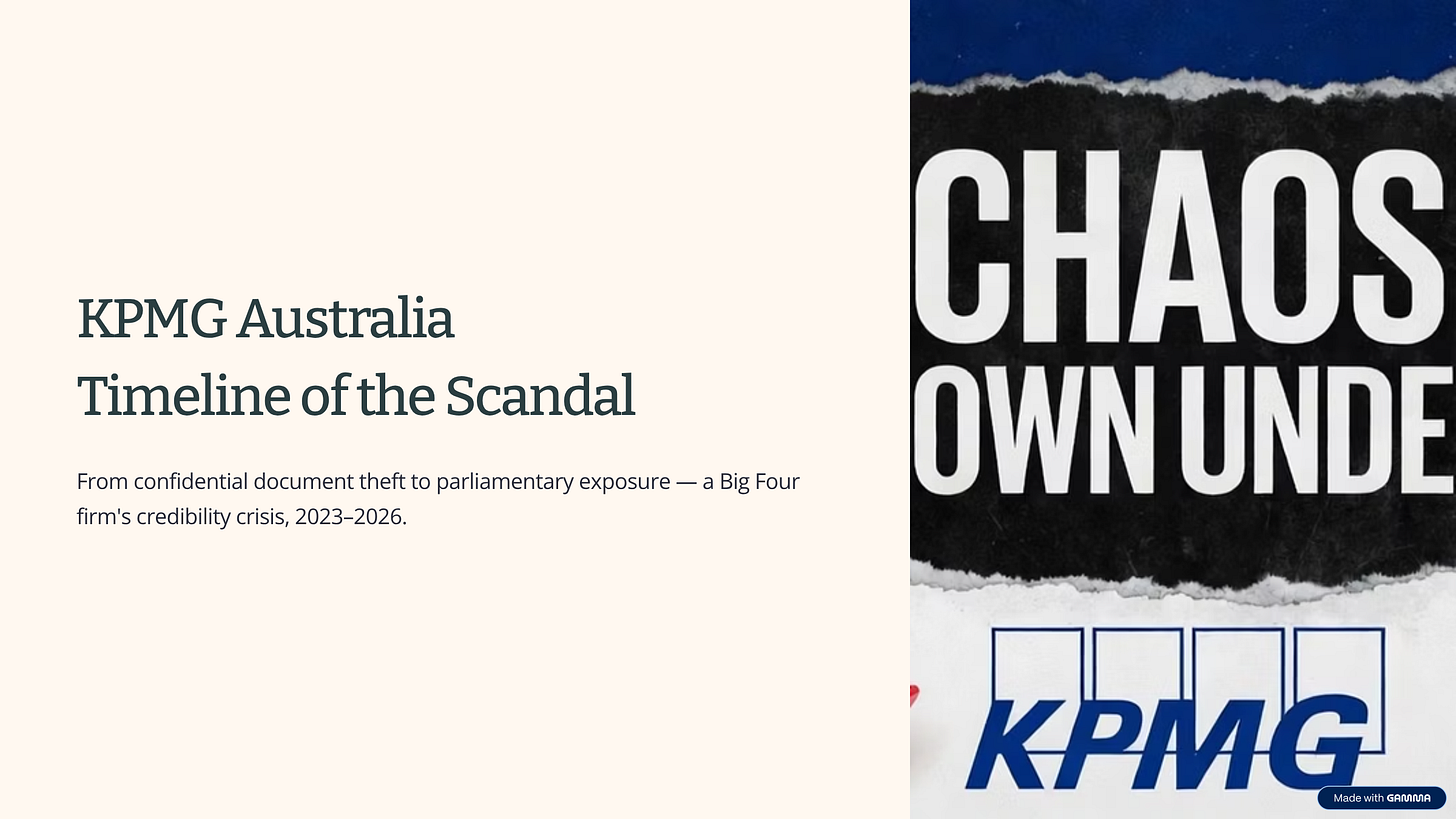 A presentation about the timeline of the KPMG scandal in Australia
