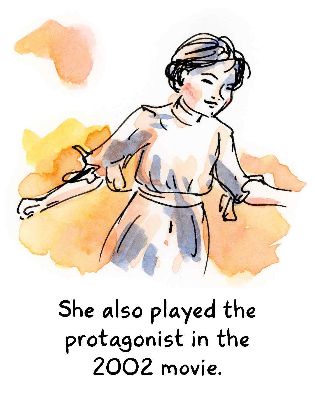Watercolor comic about Rory Gilmore narrating graphic novelist K. Woodman-Maynard’s adaptation of Tuck Everlasting. Text from the comic reads, “She also played the protagonist in the 2002 movie.”