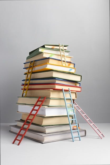 Free photo front view of stacked books and ladders with copy space for education day