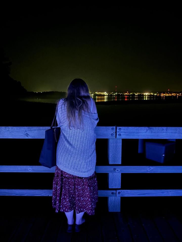 A photo of the back of my head as I'm looking out onto the water. I have long hair, a sweater and a floral skirt