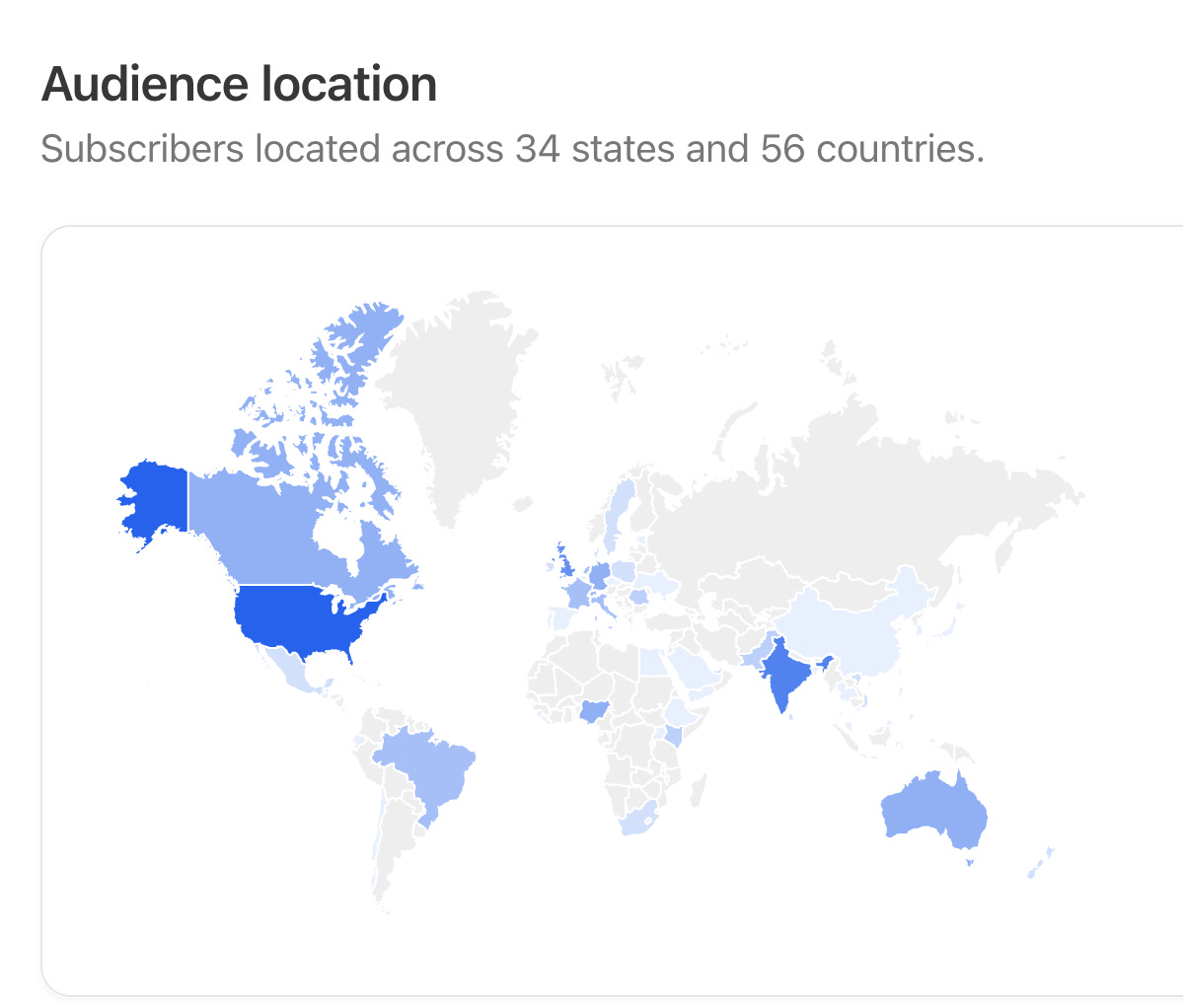 Audience location map with 34 US states and 56 countries highlighted