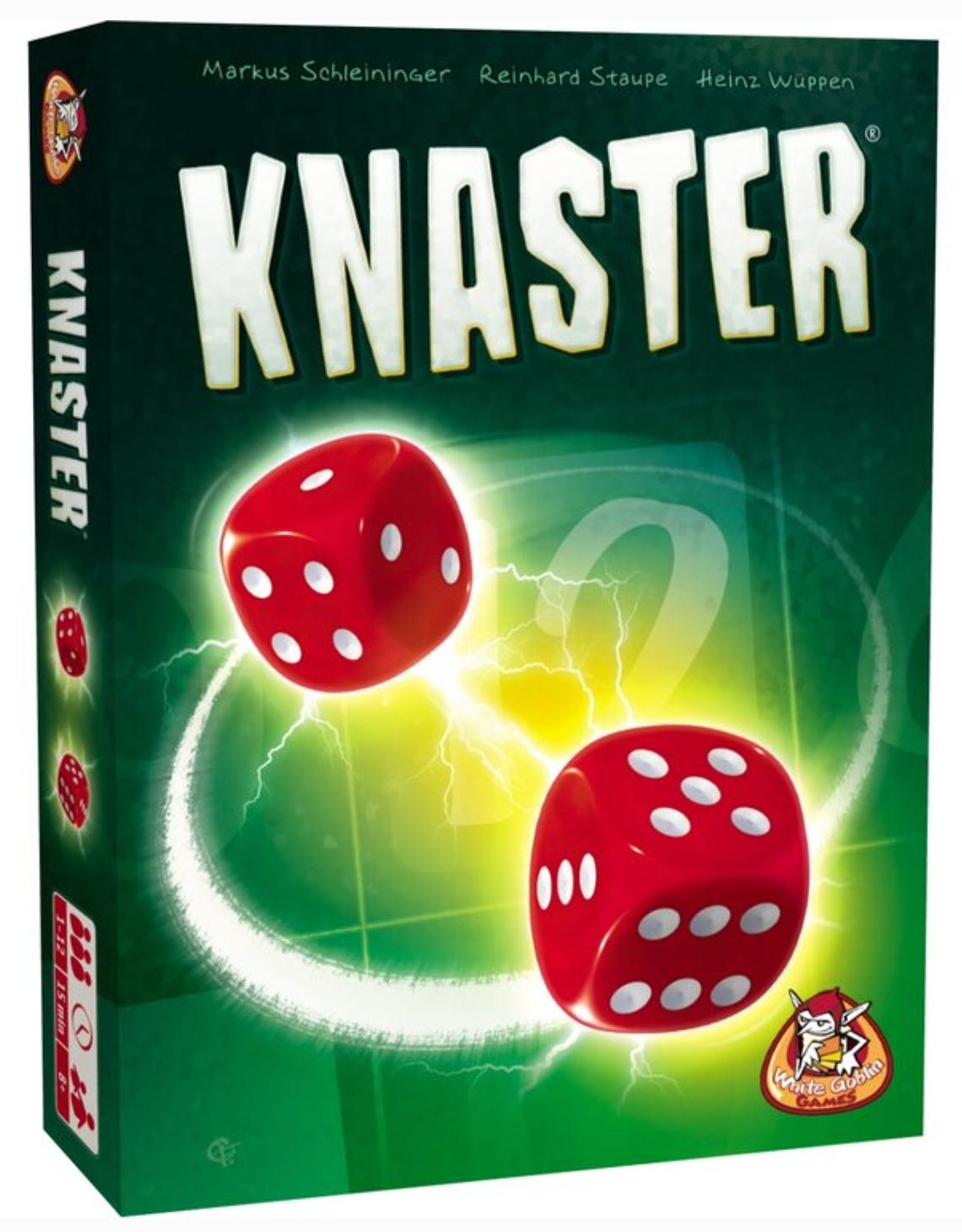 Game box for "Knaster" game. The box shows the name "Knaster" and a large pair of red dice with white pips.