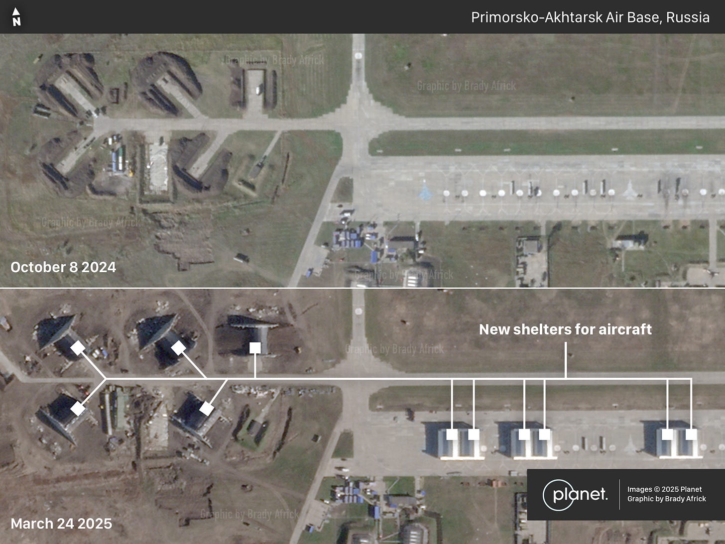 Primorsko-Akhtarsk Air Base, Satellite image copyright 2025 Planet, Graphic by Brady Africk