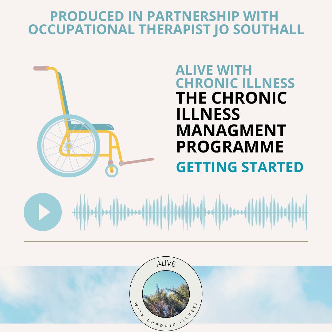 [Image description: The image has a light cream background with a image of Jo Southall smiling at the camera. To the right, bold black text reads “Building a Fulfilling Life with Chronic Illness” with the guests name, “Jo Southall” written below in soft teal. Under the text is a teal play button and a horizontal soundwave graphic. At the bottom, a circular logo shows a sky-and-trees scene with the words “Alive with Chronic Illness” around the edge.]