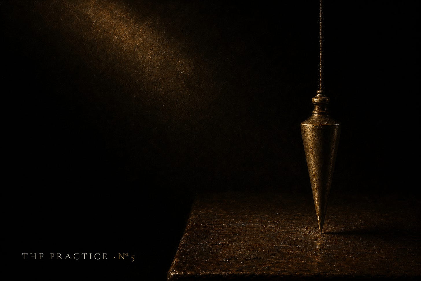 A brass plumb bob suspended above a dark wooden surface in warm chiaroscuro light.