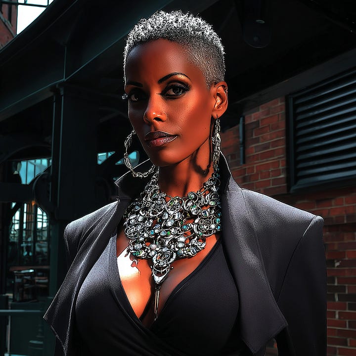 Image 1: A portrait from the Steeled Silent Presence bundle featuring an individual in a structured jacket and statement metallic jewelry against an industrial brick background.  Image 2: An editorial profile shot with a Power Editorial aesthetic, showcasing a leather jacket, bold eye makeup, and intricate circular jewelry in a low-light setting.  Image 3: A high-contrast, black and white artistic rendering from the Steeled Silent Presence collection, emphasizing sharp lighting and layered silver bracelets.  Image 4: An atmospheric portrait featuring ethereal smoke textures and layered necklaces, representing the sophisticated depth of the Steeled Silent Presence bundle.