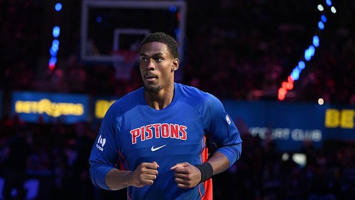 Mar 20, 2026; Detroit, Michigan, USA;  Detroit Pistons center Jalen Duren (0) takes the floor during player introductions before their game against the Golden State Warriors at Little Caesars Arena. Mandatory Credit: Lon Horwedel-Imagn Images