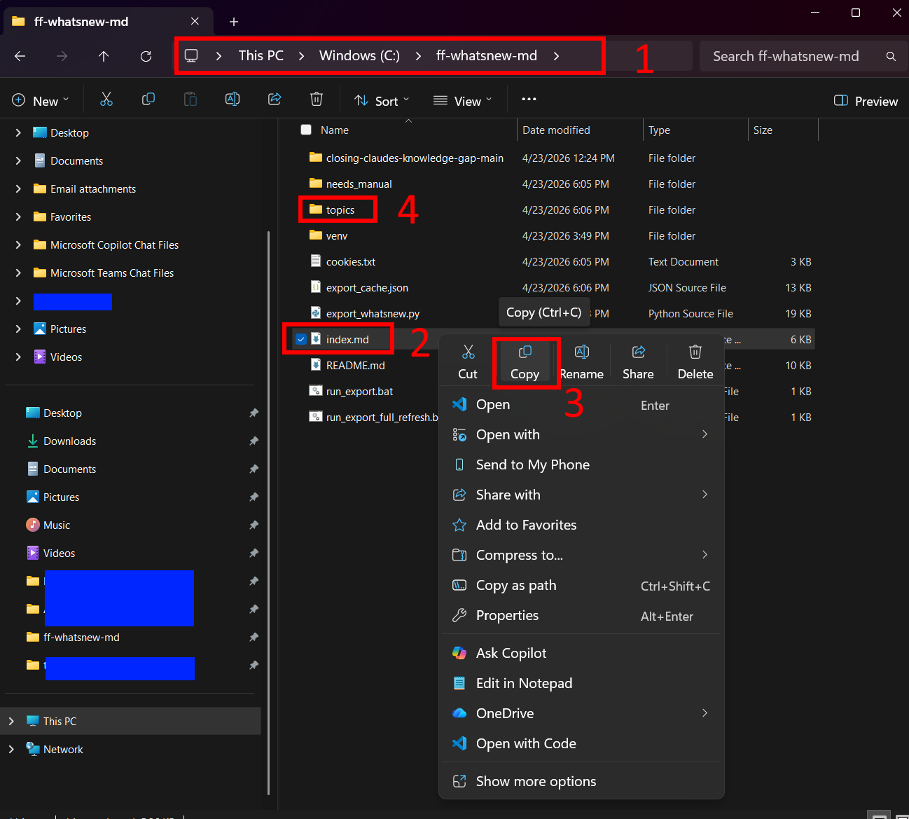 Screenshot of Windows File Explorer at C:\ff-whatsnew-md, with four red annotations: 1 highlights the address bar showing the full path, 2 marks the selected index.md file, 3 highlights the "Copy" button in the right-click context menu, and 4 marks the "topics" folder in the file list. The directory also contains the needs_manual folder, venv, and the original project files. Some folder names in the left sidebar are redacted with blue boxes for privacy.