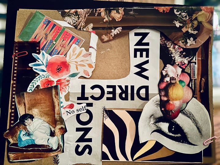 Collages with words “of rest and relaxation” and “new directions”