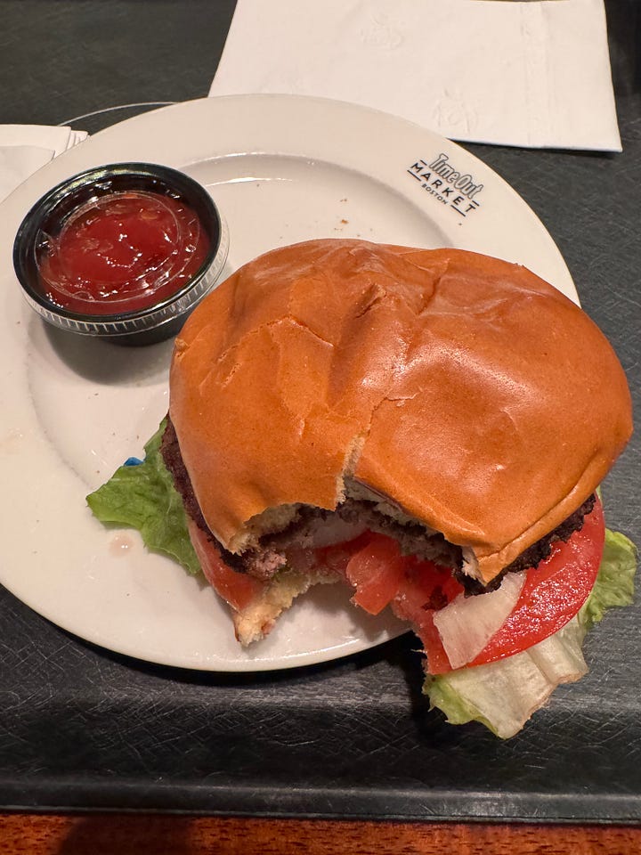 photos of promotional postcard for winter food specials; Asian nori tacos; a large vegan Caesar salad plate; and a hamburger