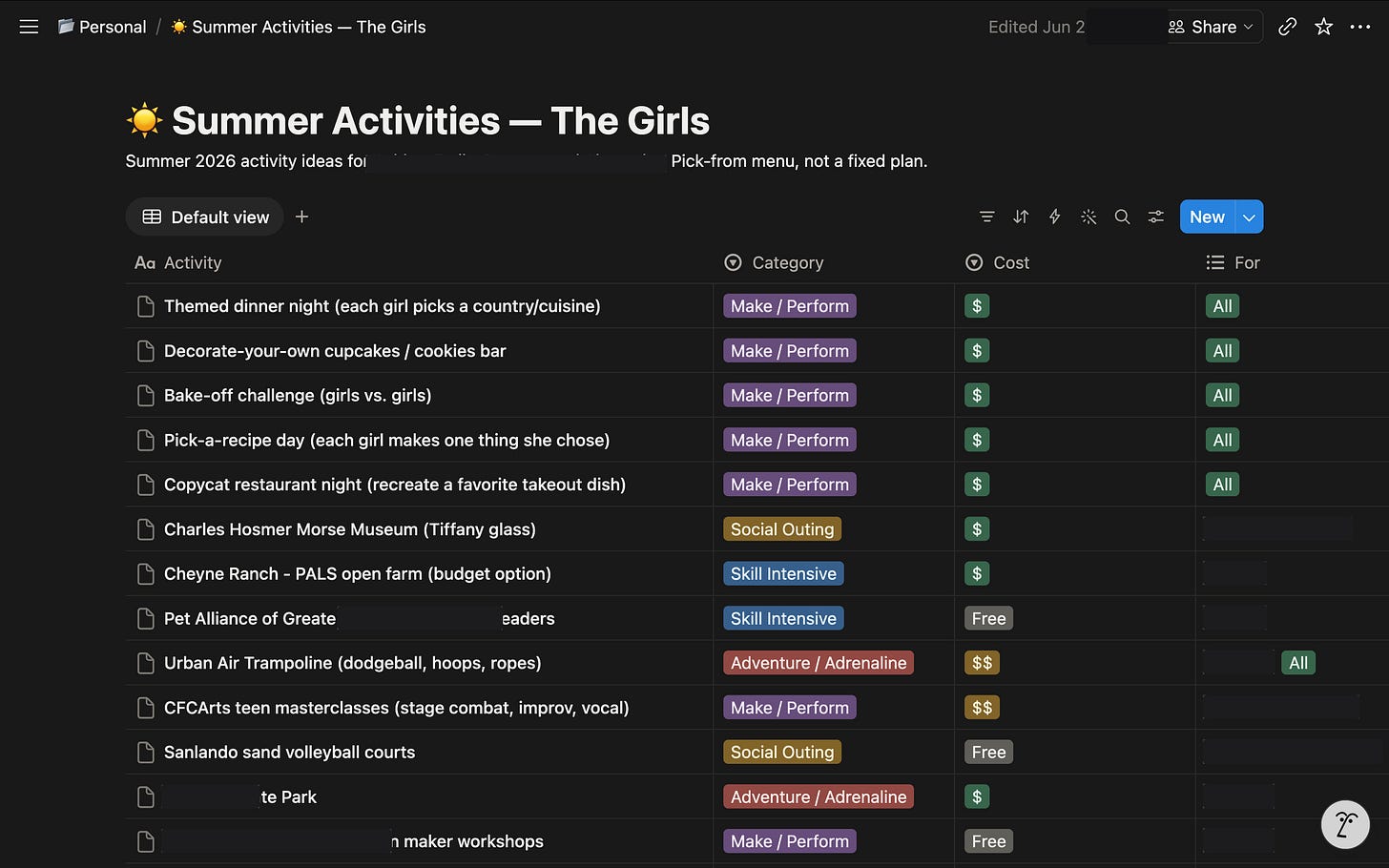 The Visible Practitioner build screenshot for a blended-family bonding system, August 2026. A Notion database of summer activities tagged to each teenager with names blurred, representing a family week the kids helped plan. The Visible Practitioner build screenshot for a blended-family bonding system, August 2026. A Notion database of summer activities tagged to each teenager with names blurred, representing a family week the kids helped plan.