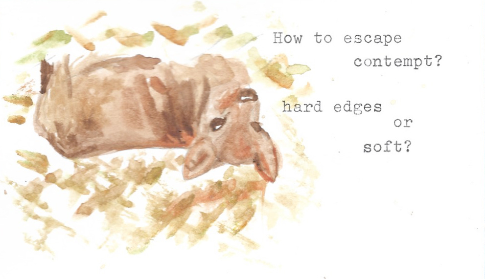 Watercolor painting of an upside-down deer surrounded by loose foliage, with typed text reading, “How to escape contempt? hard edges or soft?”