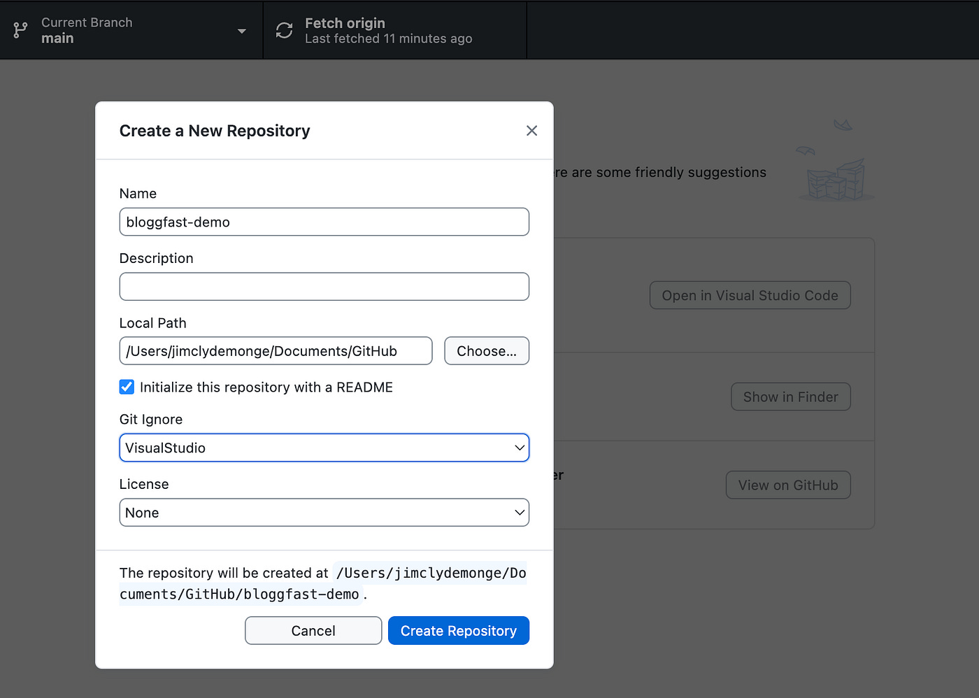 Creating a BloggFast repo in GitHub desktop. Image by Jim Clyde Monge