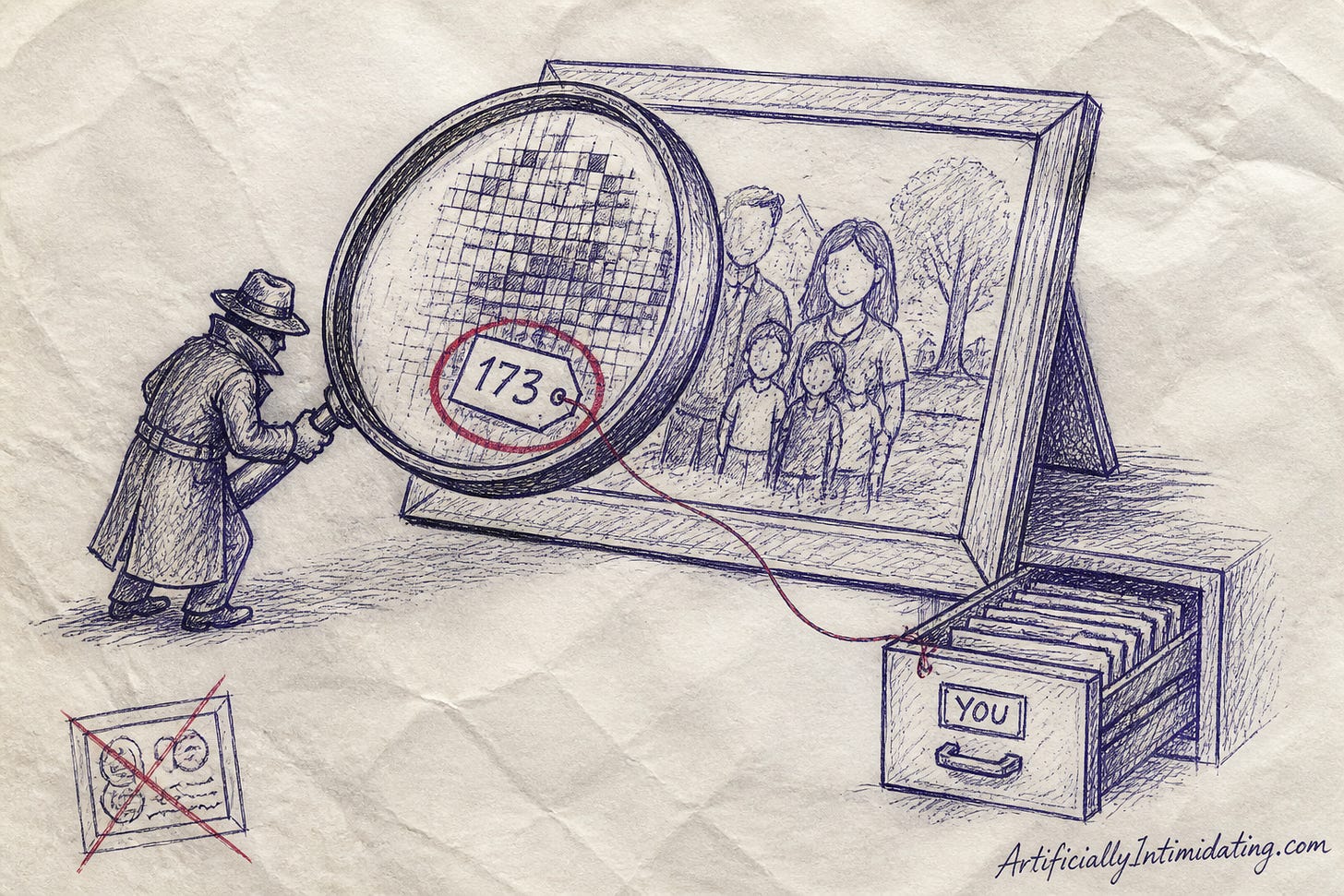 A hand-drawn illustration of a small trench-coat spy holding a magnifying glass over a framed family photo; through the lens the pixels resolve into a tiny tag numbered 173, tied by a thread to a filing-cabinet drawer labeled YOU.