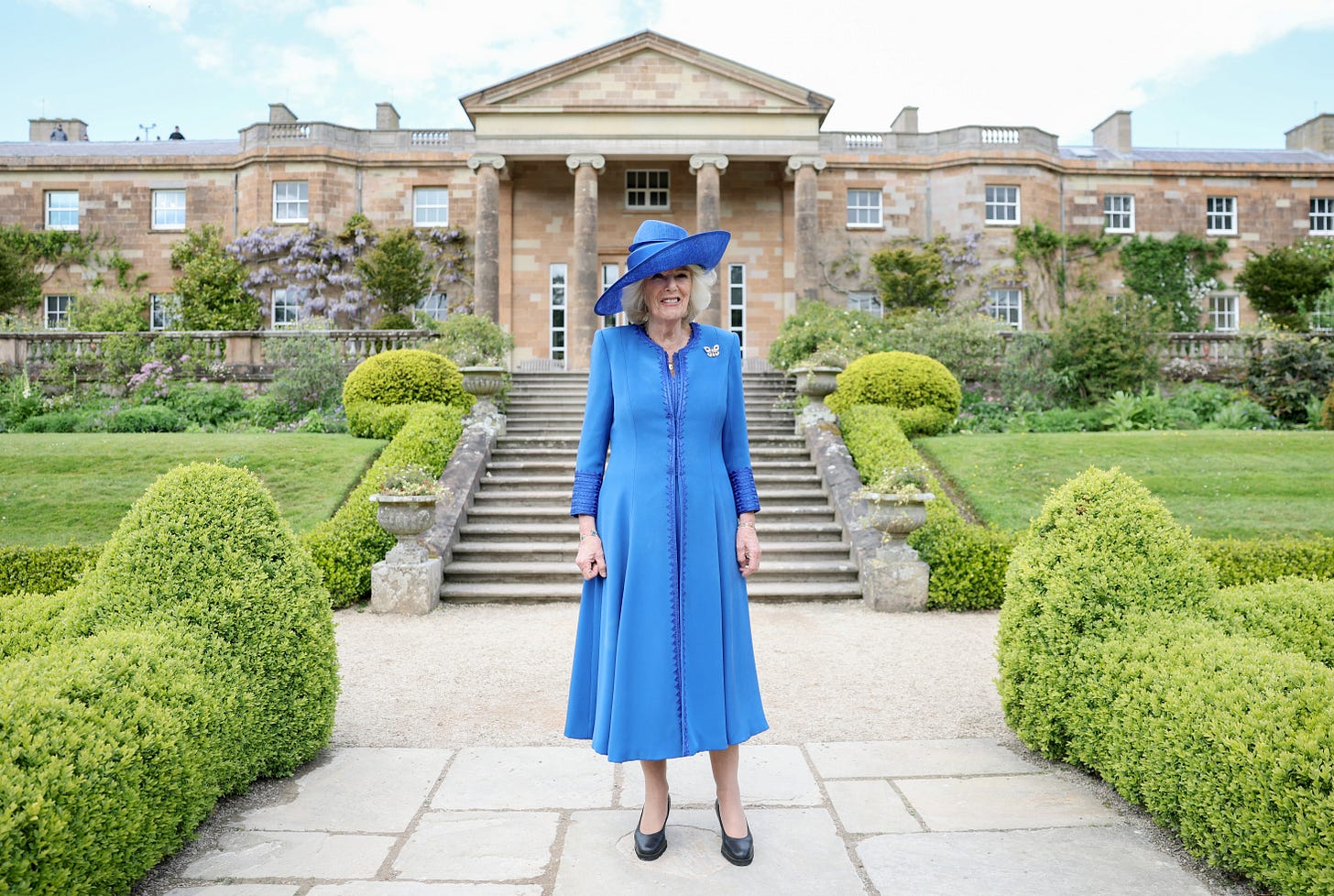 Queen Camilla smiling in a blue dress in a garden