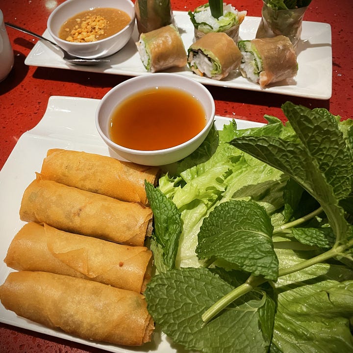 Egg Rolls with Dipping Sauce and Mint at Âu Lạc in Fountain Valley, California