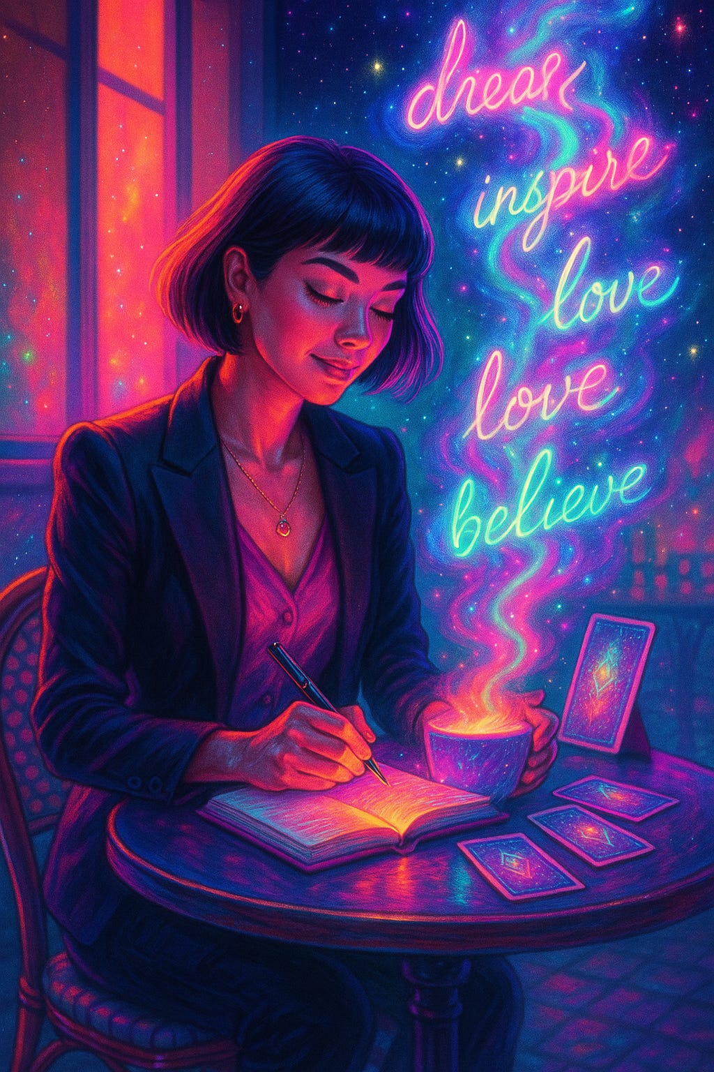 Illustration of a woman at a café table journaling with a glowing cup beside her and oracle cards on the table, as rainbow cosmic energy rises into the night sky forming words like “Dream, Inspire, Love, Believe.”