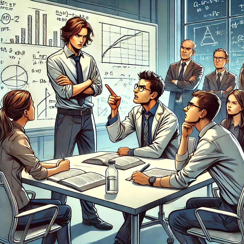 An illustration of a tense and dramatic academic meeting in a modern lab setting. A group of frustrated PhD students sits around a table, one student standing and pointing at a postdoc with an accusing expression. The postdoc, looking nervous and defensive, is holding a pen and a notebook. The atmosphere is tense, with a supervisor sitting at the head of the table, observing the conflict with a stern expression. The background includes whiteboards filled with equations and lab equipment, emphasizing the research environment.