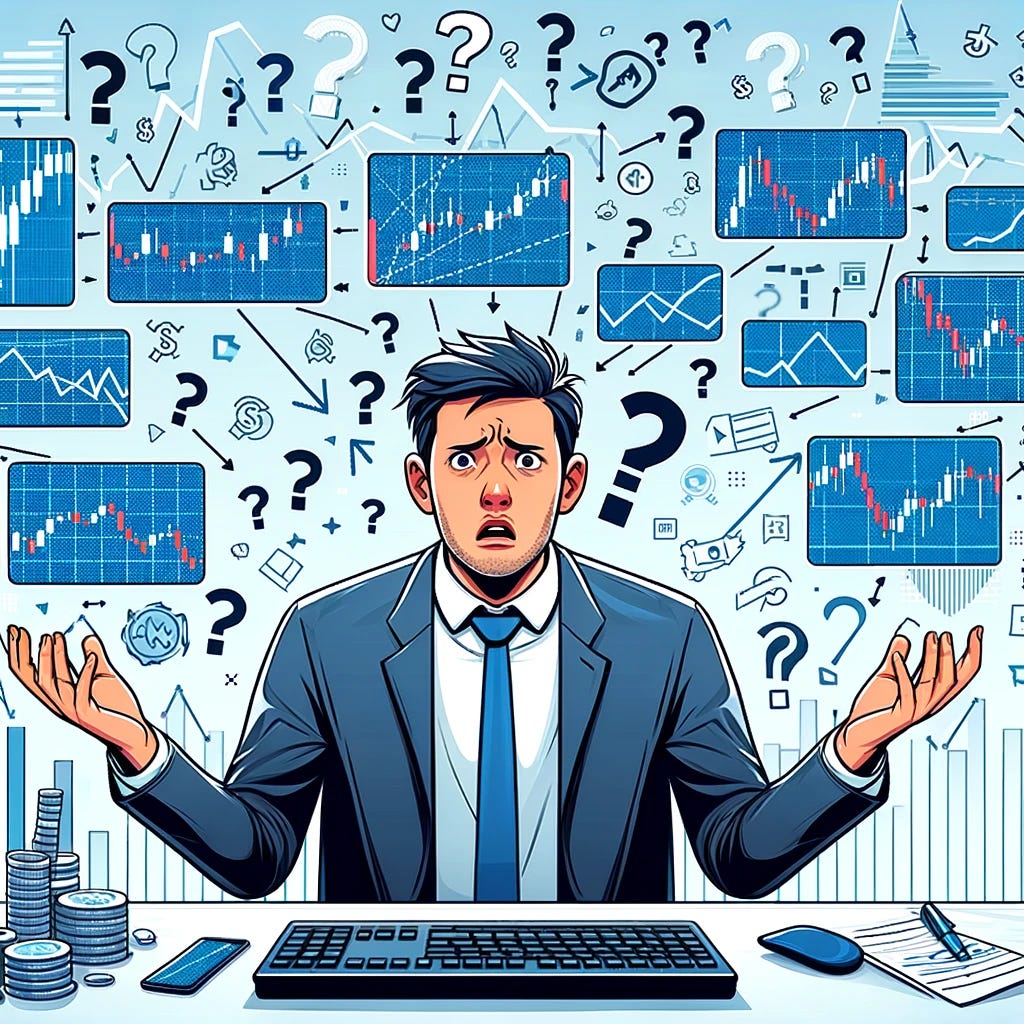 Create an image that represents the concept of technical analysis not being a reliable method for long-term investment. The image should depict a confused investor looking at conflicting chart patterns and graphs, symbolizing the unpredictability and complexity of using technical analysis for stock market predictions. The style should be clean and professional, suitable for a blog post.