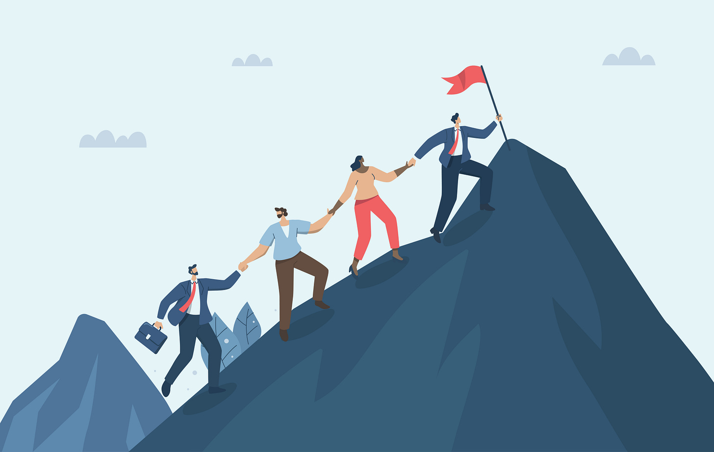Illustration of teamwork concept - people helping each other up a mountain