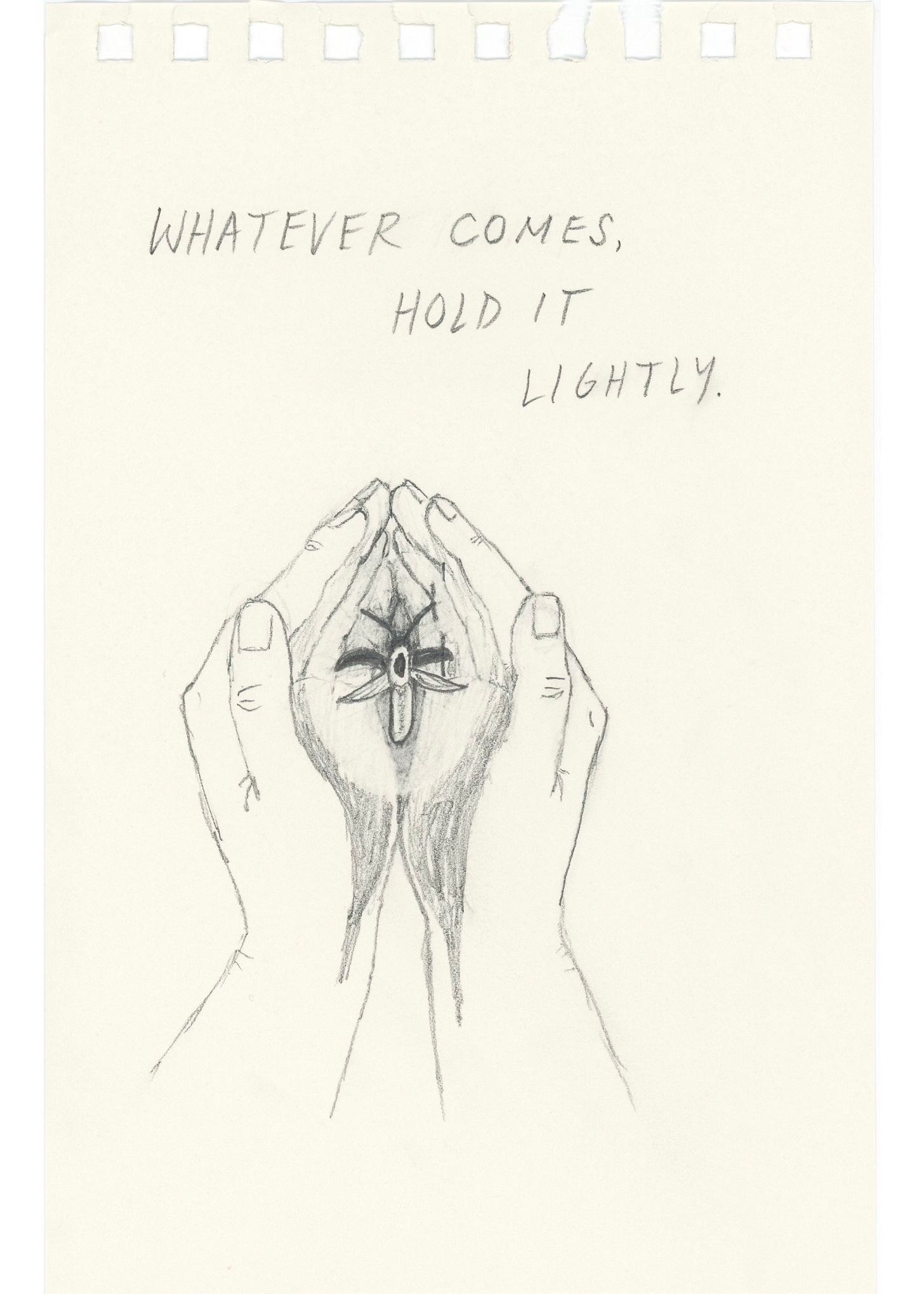 A pencil drawing of two hands cupping a poorly drawn firefly, and the words "whatever comes, hold it lightly"
