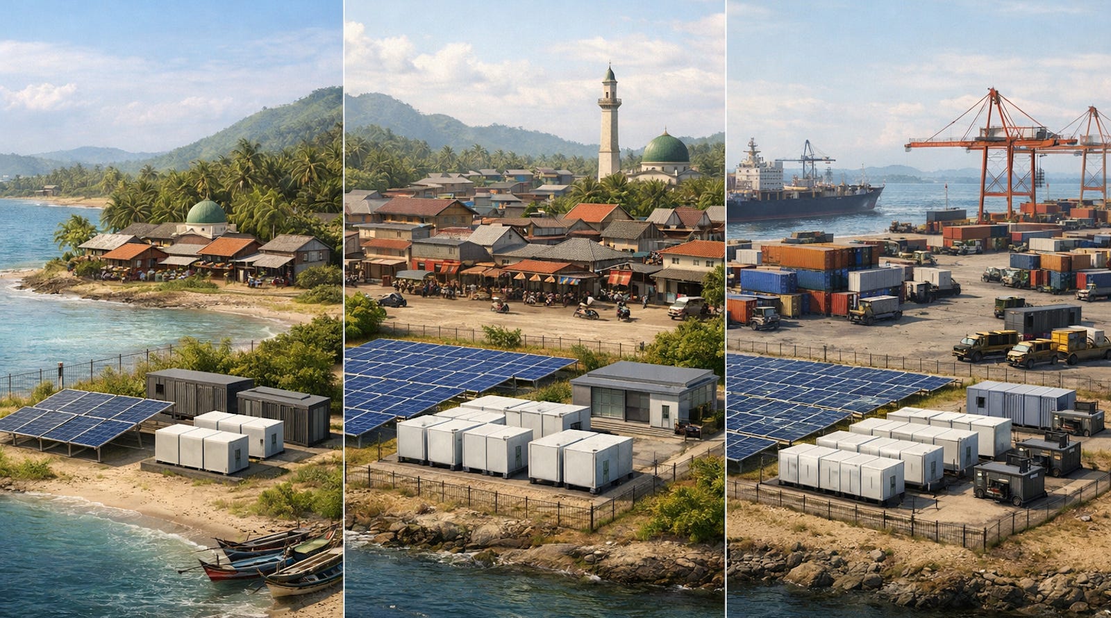 Illustration of standardized island microgrid packages using solar, batteries, controls, and backup generation to replace diesel. Illustration of standardized island microgrid packages using solar, batteries, controls, and backup generation to replace diesel.