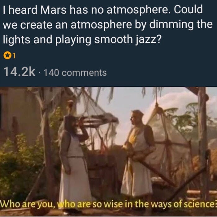Funny physics meme with text suggesting creating Mars's atmosphere with smooth jazz, showing medieval characters in a humorous scene. Funny physics meme with text suggesting creating Mars's atmosphere with smooth jazz, showing medieval characters in a humorous scene.