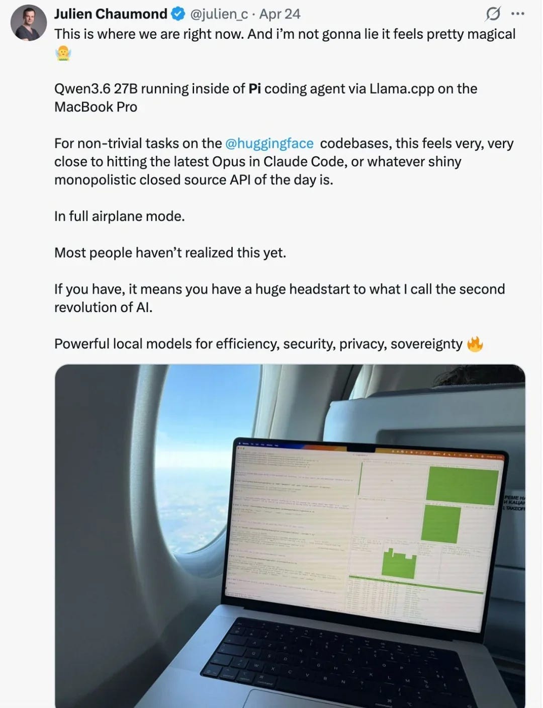 r/ClaudeAI - Hugging Face co-founder says Qwen 3.6 27B running on airplane mode is close to latest Opus in Claude Code