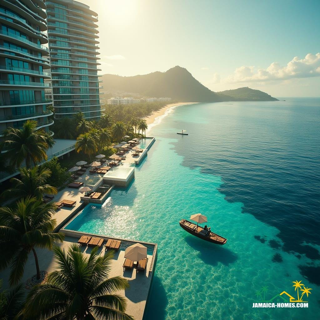 Modern development schemes in Jamaica near the coast and beaches feature sleek glass architecture, incorporating unique swimming pools both at ground level and on rooftops. These designs not only offer stunning views of the Caribbean Sea but also blend contemporary style with the tropical landscape, creating luxurious spaces that feel open and light.