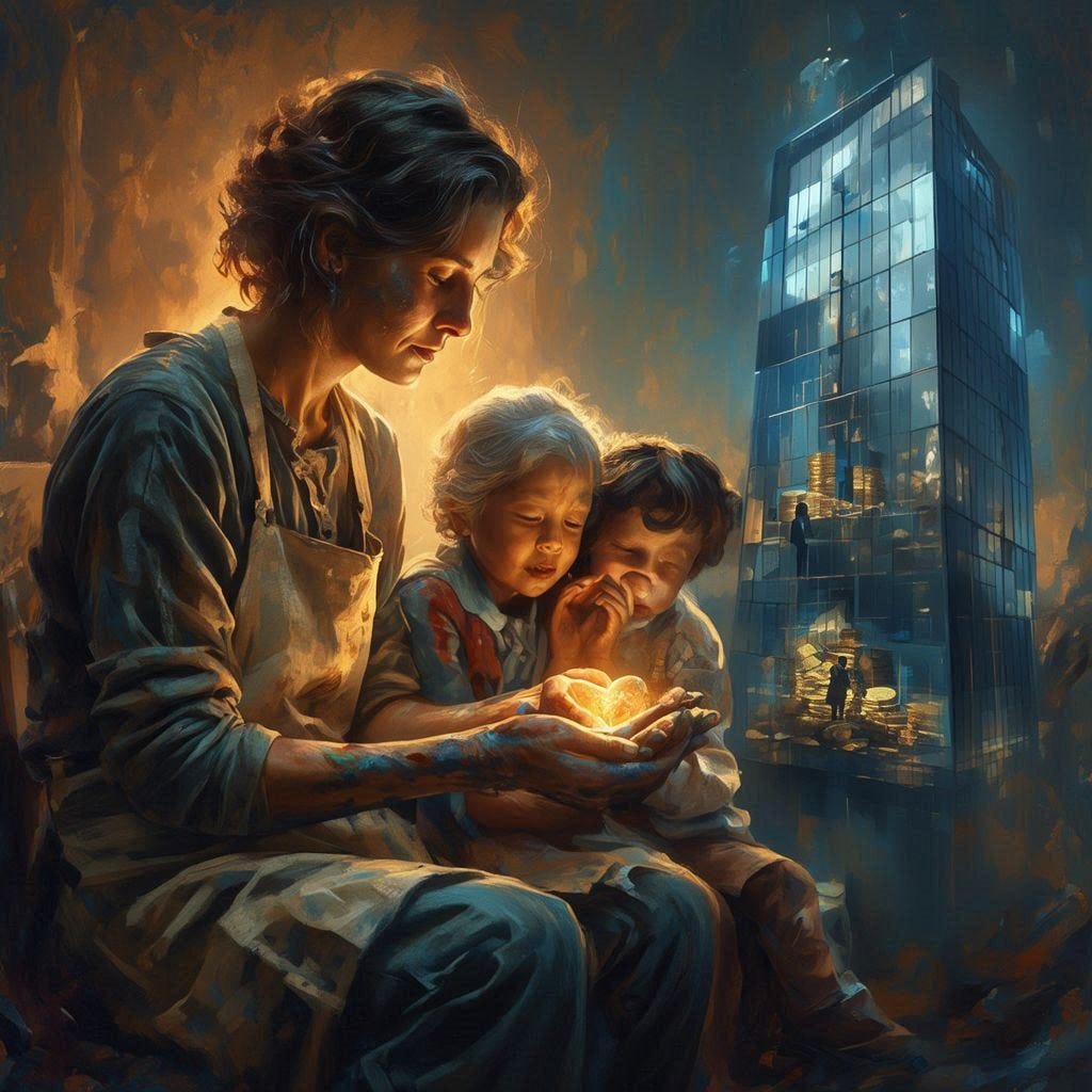 An image displaying the empathy of an artist as mattering more than the wealth of a billionaire 