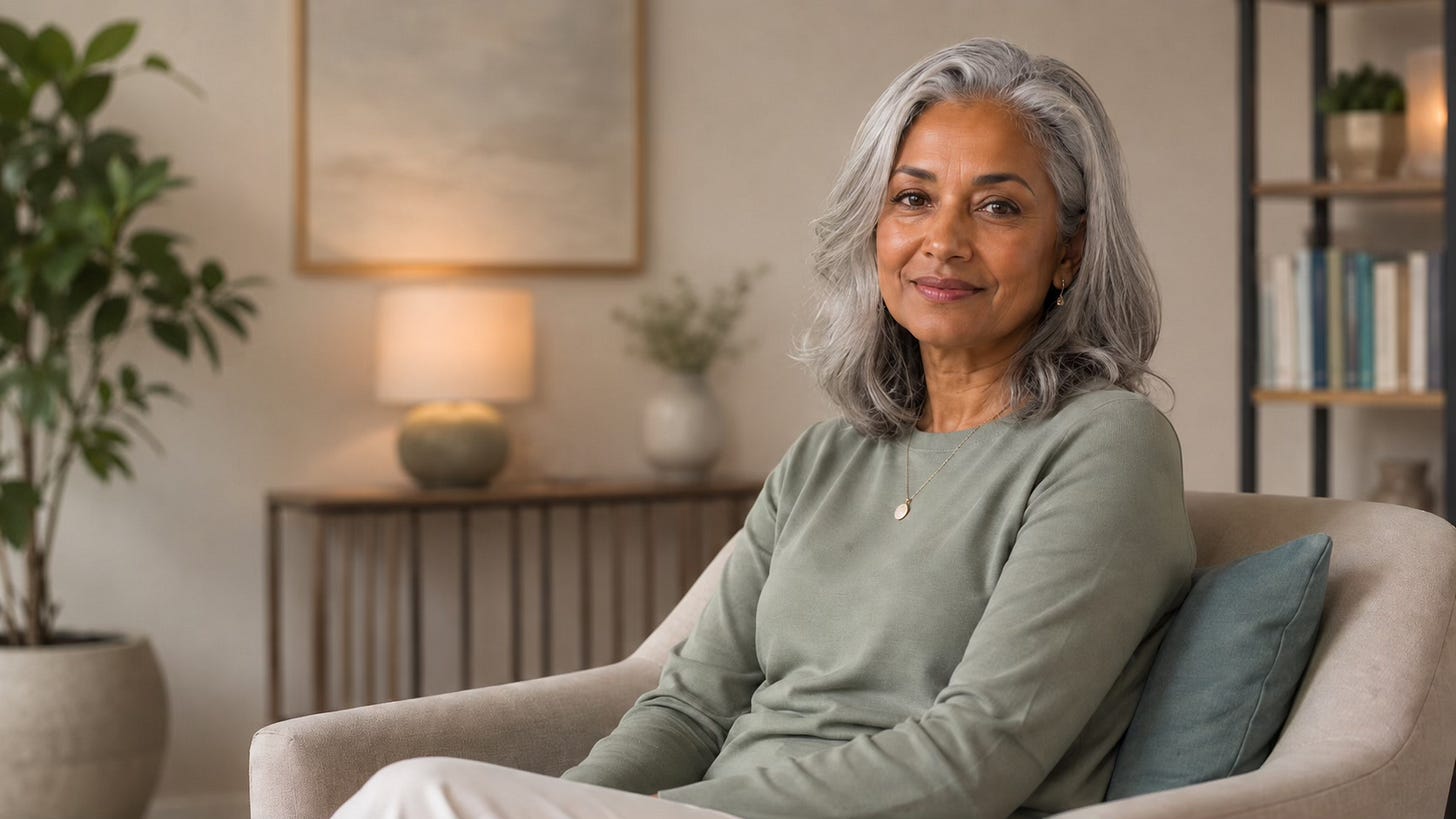 Woman sitting calmly in a therapeutic coaching space, representing grounded support and emotional steadiness.