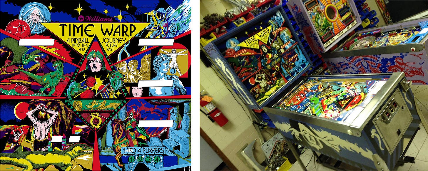 LEFT: Back box art for TIME WARP featuring a central diamond with the likeness of a young Michael Whelan. Dynamic panels radiate outward featuring disparate scenes of dinosaurs, cave men, knights, angels, and astronauts, and classic art the Mona Lisa and the Virtruvian Man. RIGHT: Angled view of the full pinball machine TIME WARP which features a rougher, flatter 2D version of the “Time Wizard” who resembles a young Michael Whelan.