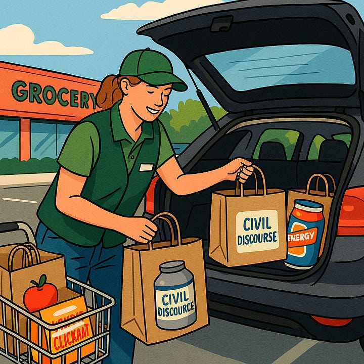 An Instacart worker loads grocery bags labeled “Civil Discourse” and “Energy” into the trunk of a car outside a supermarket, while another bag in the cart is marked “Clickbait.” In the next image, a woman sits on her couch at home, browsing her phone with a laptop nearby—depicting how modern convenience delivers not just groceries, but the ideas we consume.