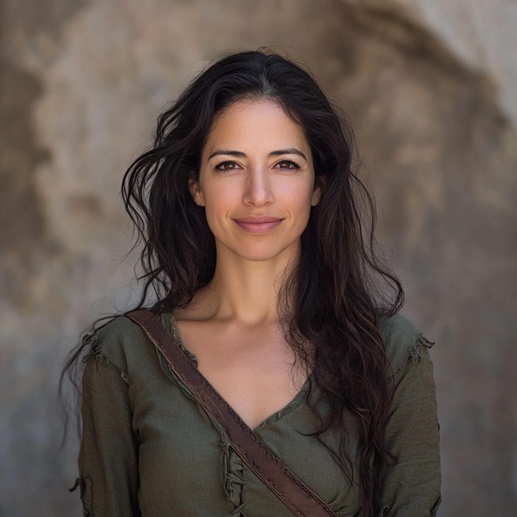 A portrait of a woman with long, dark, wavy hair and a warm smile, standing outdoors against a blurred neutral background. She is wearing a distressed olive-green top and a leather strap across her shoulder, exuding a natural and confident presence. A portrait of a woman with long, dark, wavy hair and a warm smile, standing outdoors against a blurred neutral background. She is wearing a distressed olive-green top and a leather strap across her shoulder, exuding a natural and confident presence.