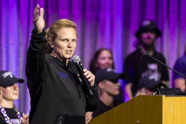 Natalie Darwitz speaks during an event celebrating the team's championship at the Xcel Energy Center.