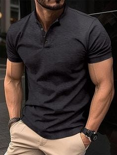 Sizing: True to size Material composition: 95% Polyester, 5% Elastane/Spandex Clothing type: H Material: Polyester Pattern: Solid Fabric elasticity: No elasticity Season: Spring-Summer Weaving type: Knit Style: Light business Weight: 182 g Pocket: No-back-pocket New Men's Button Henley Neck Sports Polo Shirt is suitable for many occasions, the simple design makes the boring season colorful and interesting. A variety of collocation options make you confident and handsome. Please use the size guid
