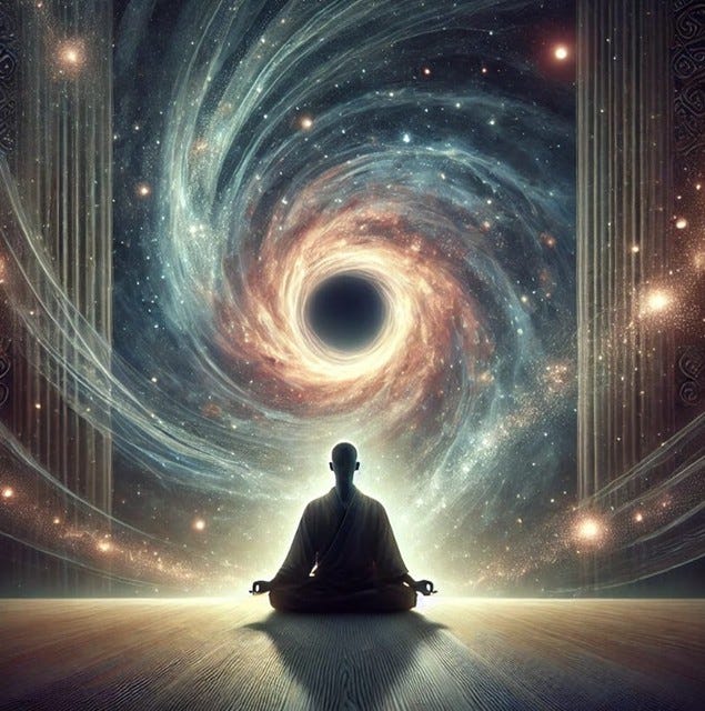 A man sits in meditation, focused and serene, with a swirling black hole looming in the background.
