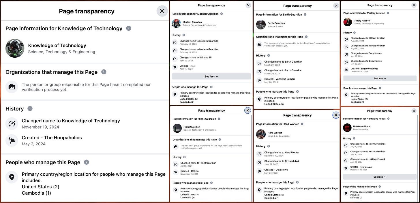 Page Transparency sections for 7 of the Facebook accounts posting Tesla Tiny House images, showing repeated name changes Page Transparency sections for 7 of the Facebook accounts posting Tesla Tiny House images, showing repeated name changes