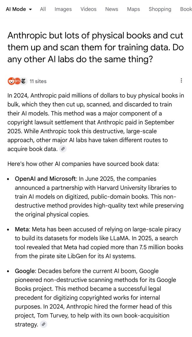 Screenshot of search results page with navigation tabs "AI Mode" and more.  Main search query reads "Anthropic but lots of physical books and cut them up and scan them for training data. Do any other AI labs do the same thing?" Results show "11 sites" and include text: "In 2024, Anthropic paid millions of dollars to buy physical books in bulk, which they then cut up, scanned, and discarded to train their AI models. This method was a major component of a copyright lawsuit settlement that Anthropic paid in September 2025. While Anthropic took this destructive, large-scale approach, other major AI labs have taken different routes to acquire book data." Followed by "Here's how other AI companies have sourced book data:" with bullet points for "OpenAI and Microsoft: In June 2025, the companies announced a partnership with Harvard University libraries to train AI models on digitized, public-domain books. This non-destructive method provides high-quality text while preserving the original physical copies." "Meta: Meta has been accused of relying on large-scale piracy to build its datasets for models like LLaMA. In 2025, a search tool revealed that Meta had copied more than 7.5 million books from the pirate site LibGen for its AI systems." "Google: Decades before the current AI boom, Google pioneered non-destructive scanning methods for its Google Books project. This method became a successful legal precedent for digitizing copyrighted works for internal purposes. In 2024, Anthropic hired the former head of this project, Tom Turvey, to help with its own book-acquisition strategy. Screenshot of search results page with navigation tabs "AI Mode" and more.  Main search query reads "Anthropic but lots of physical books and cut them up and scan them for training data. Do any other AI labs do the same thing?" Results show "11 sites" and include text: "In 2024, Anthropic paid millions of dollars to buy physical books in bulk, which they then cut up, scanned, and discarded to train their AI models. This method was a major component of a copyright lawsuit settlement that Anthropic paid in September 2025. While Anthropic took this destructive, large-scale approach, other major AI labs have taken different routes to acquire book data." Followed by "Here's how other AI companies have sourced book data:" with bullet points for "OpenAI and Microsoft: In June 2025, the companies announced a partnership with Harvard University libraries to train AI models on digitized, public-domain books. This non-destructive method provides high-quality text while preserving the original physical copies." "Meta: Meta has been accused of relying on large-scale piracy to build its datasets for models like LLaMA. In 2025, a search tool revealed that Meta had copied more than 7.5 million books from the pirate site LibGen for its AI systems." "Google: Decades before the current AI boom, Google pioneered non-destructive scanning methods for its Google Books project. This method became a successful legal precedent for digitizing copyrighted works for internal purposes. In 2024, Anthropic hired the former head of this project, Tom Turvey, to help with its own book-acquisition strategy.
