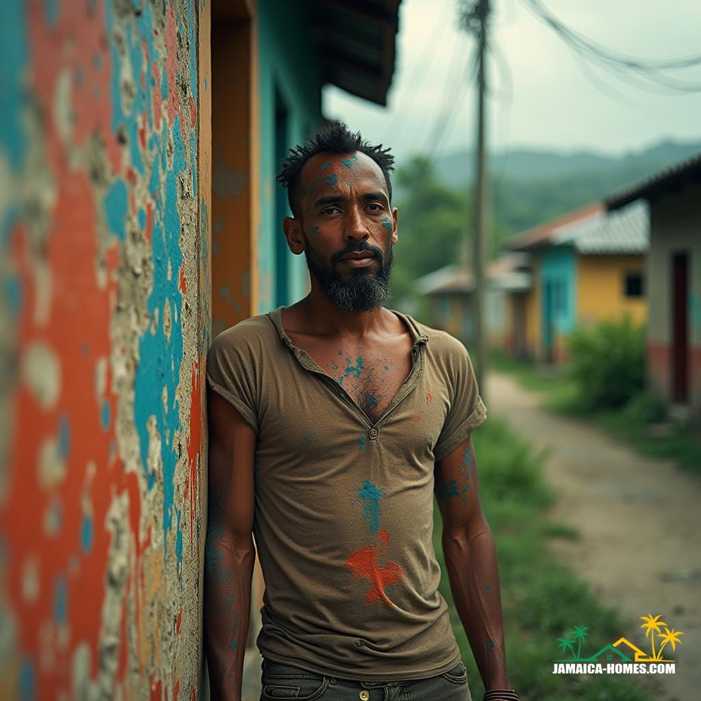 Man in worn, earth-toned clothing, splattered with vibrant paint, colour washing a weathered wall in a quaint Jamaican town, amidst lush greenery and rustic architecture.