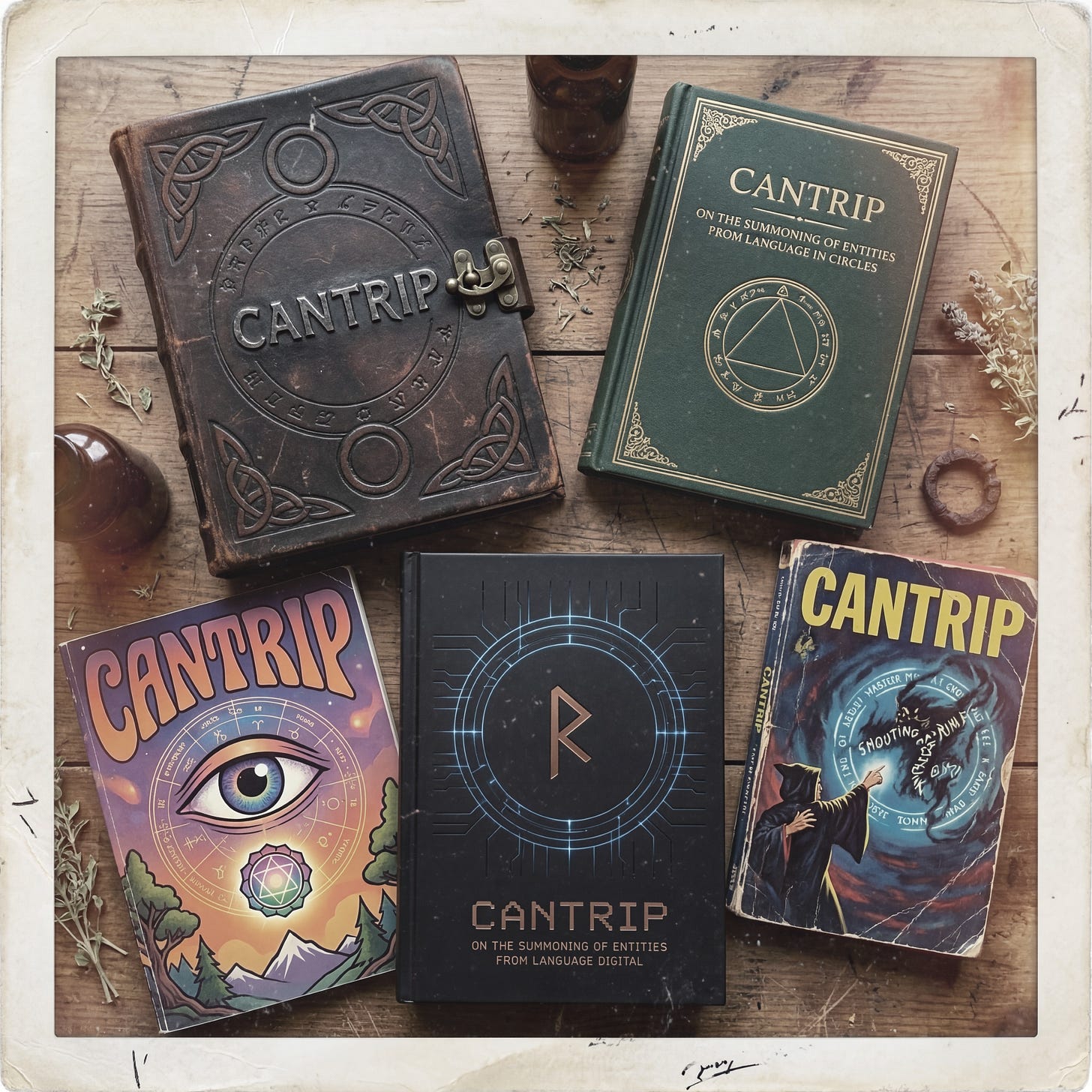 Several copies of Cantrip as published in different eras of magical book publishing. Several copies of Cantrip as published in different eras of magical book publishing.
