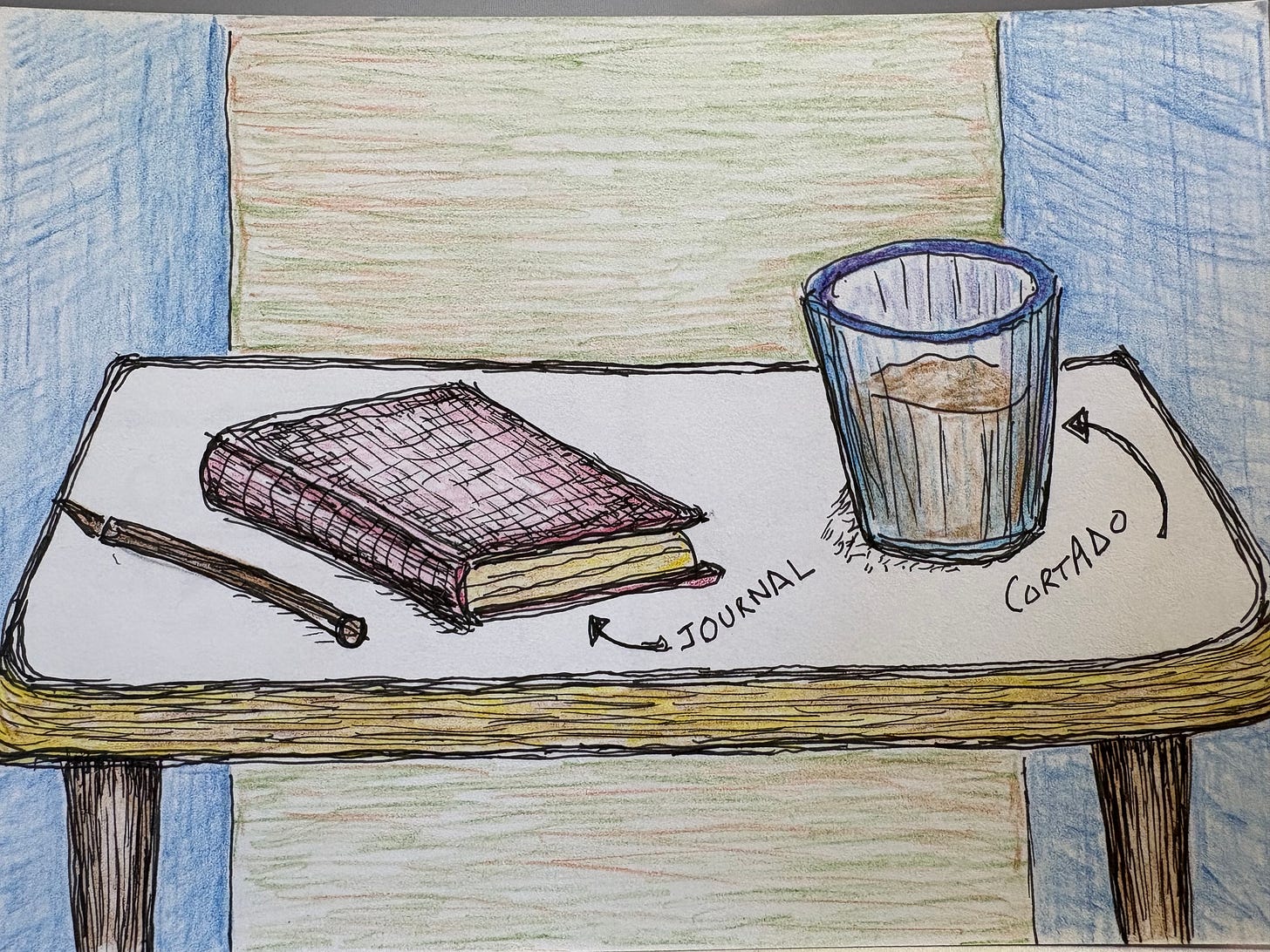drawing of a little table with a journal, a pen, and a cortado sitting on top of it