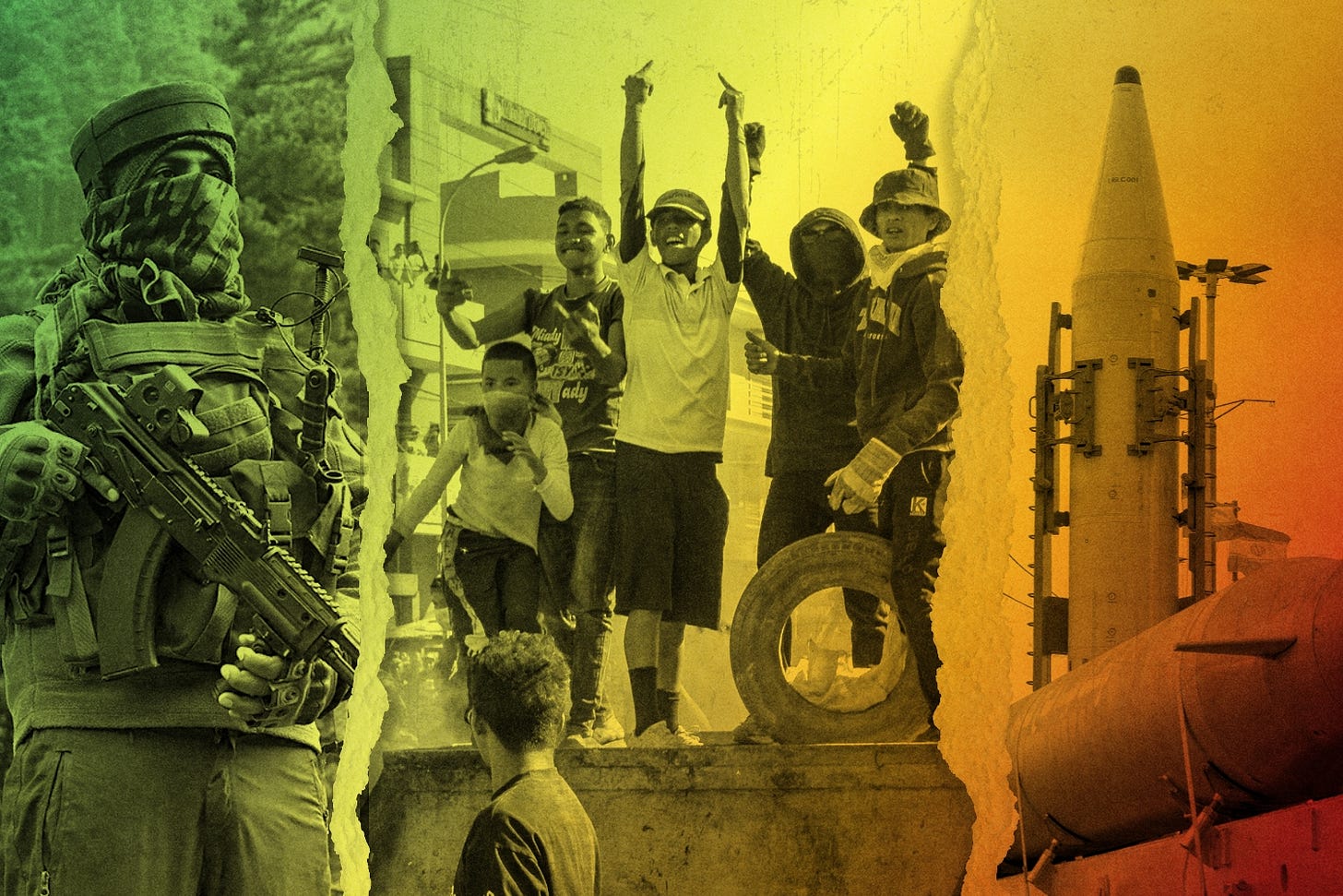 A photo illustration of torn paper showing a soldier, young kids gesturing during a protest, and nuclear missiles behind a gradient to represent geopolitical risks of 2026.